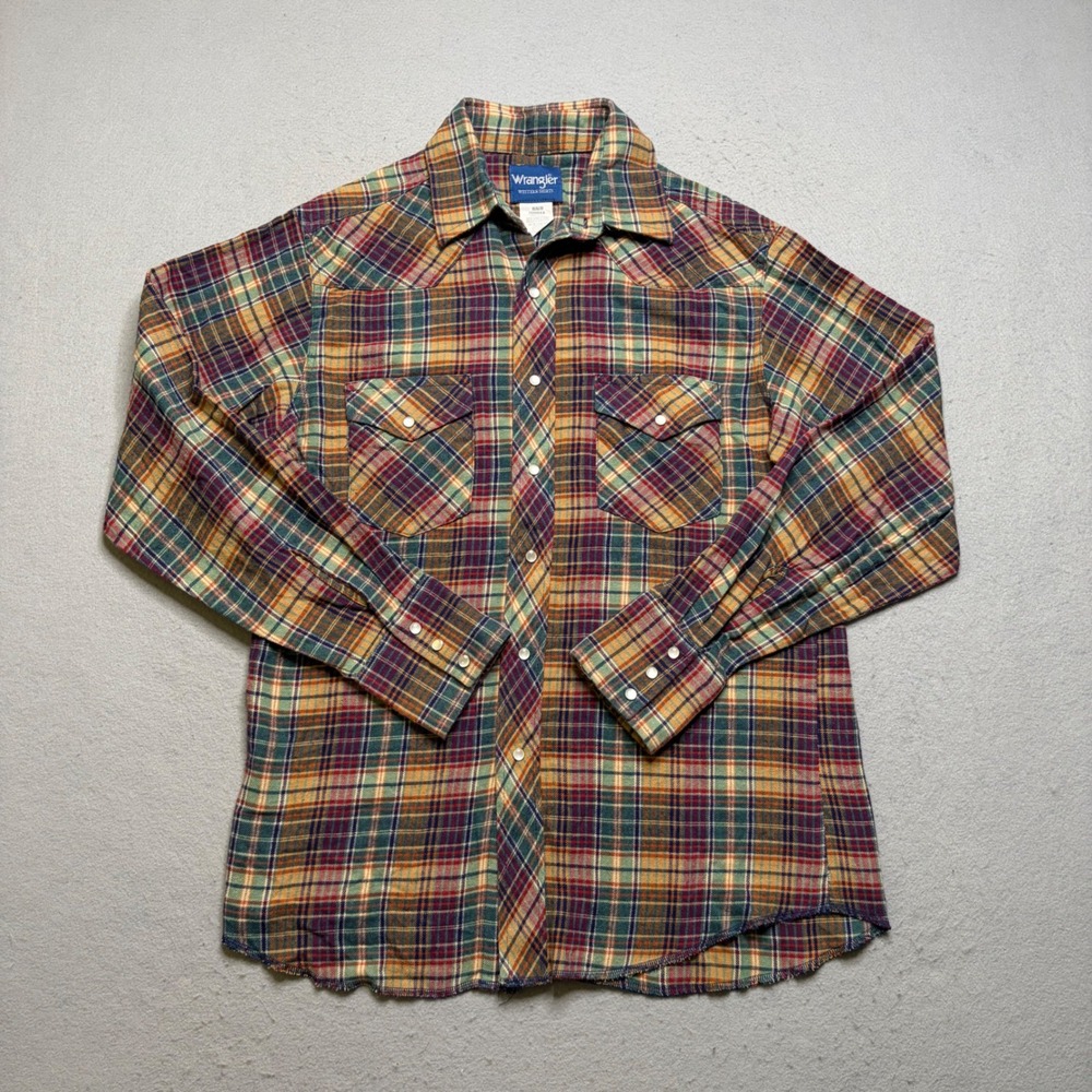 Wrangler Western Shirt Mens M Multicolor Plaid 90s Vintage Pearl Snap Flannel